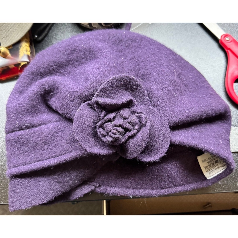 Womens Purple Wool Cloche Hat Size M 57cm Floral Accent Winter Dress Hat